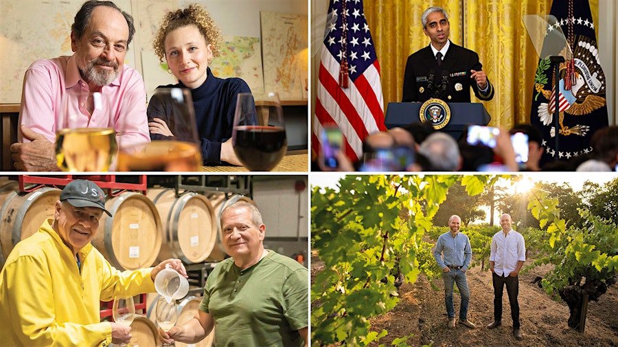 Wine news leaders from 2025 included, clockwise from top left, Victor and Chloe Schwartz, Vivek Murthy, Graeme and Alex MacDonald and Eric Bryan Seuthe and Nick Livanos.