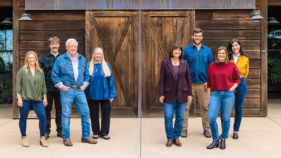 The Jackson family at their La Crema winery in Sonoma’s Russian River Valley (from left): Hailey Hartford Murray, MacLean Hartford, Don Hartford, Jennifer Jackson Hartford, Barbara Banke, Chris Jackson, Katie Jackson and Julia Jackson.