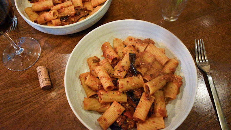 8 & $20: Blistered Eggplant and Tomato Pasta