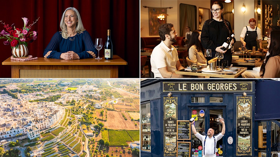 Clockwise from top left: Quintessa winemaker Rebekah Wineburg; Sommelier Mary Kennedy of Mara in Minneapolis; Le Bon Georges wine director Frédéric Sénéchal in Paris; vineyards surrounding Locorotondo, Puglia.